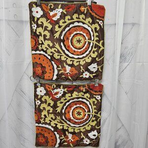Purva Throw Pillow Covers Brown Green Embroidered Floral Satin Boho Retro